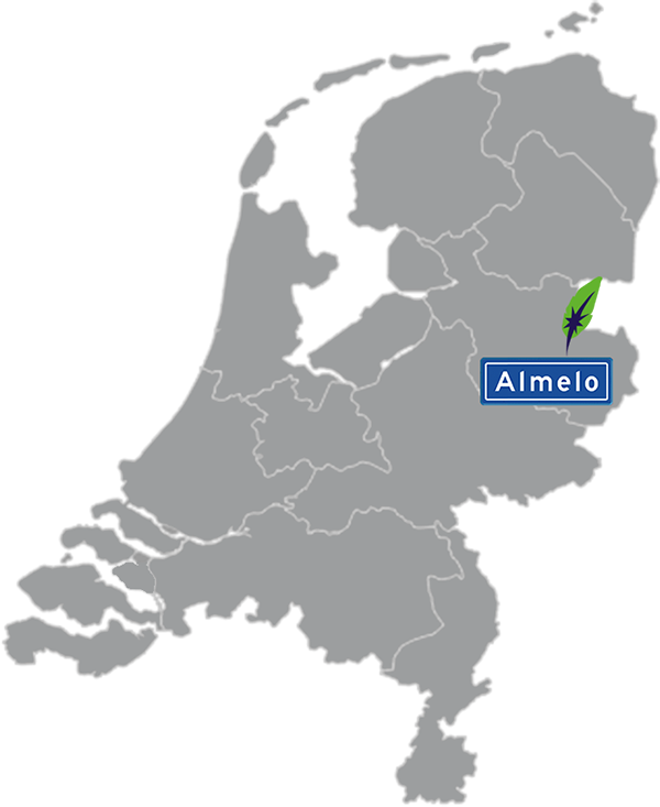 Landkaart Nederland grijs - locatie Dagnall Taleninstituut in Almelo - aangegeven met blauw plaatsnaambord met witte letters en Dagnall veer - op transparante achtergrond - 600 * 733 pixels
